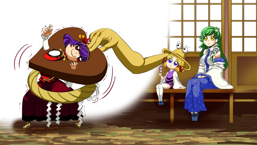 kochiya sanae, moriya suwako, yasaka kanako, and pyonta (touhou) drawn by ginnyo