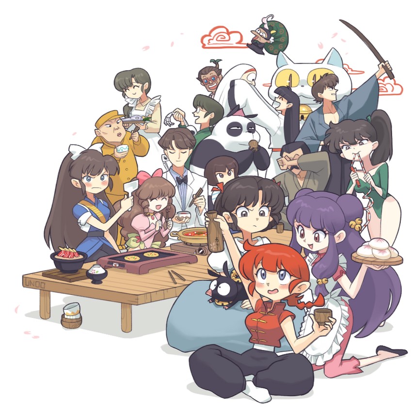 ranma-chan, shampoo, tendou akane, saotome ranma, p-chan, and 16 more (ranma 1/2) drawn by unoobang