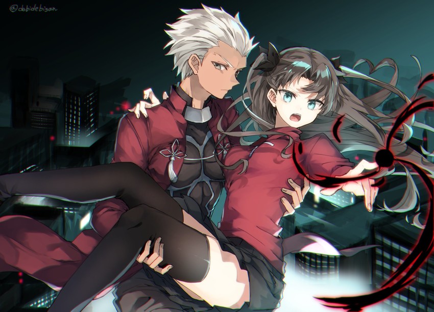 tohsaka rin and archer (fate and 1 more) drawn by chibirisu