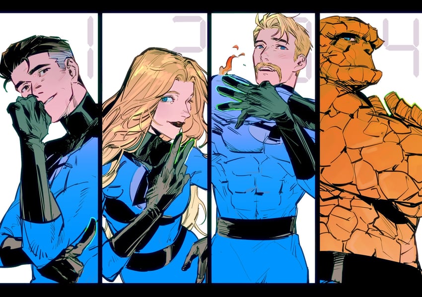 sue storm, reed richards, johnny storm, ben grimm, and human torch (marvel and 1 more) drawn by spogye22