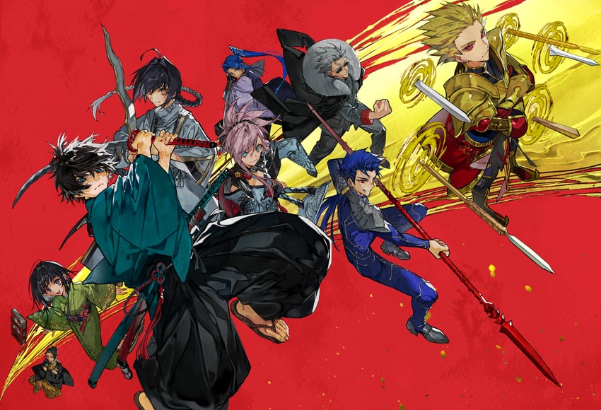 gilgamesh, cu chulainn, miyamoto musashi, yamato takeru, miyamoto iori, and 4 more (fate and 1 more) drawn by mura_karuki