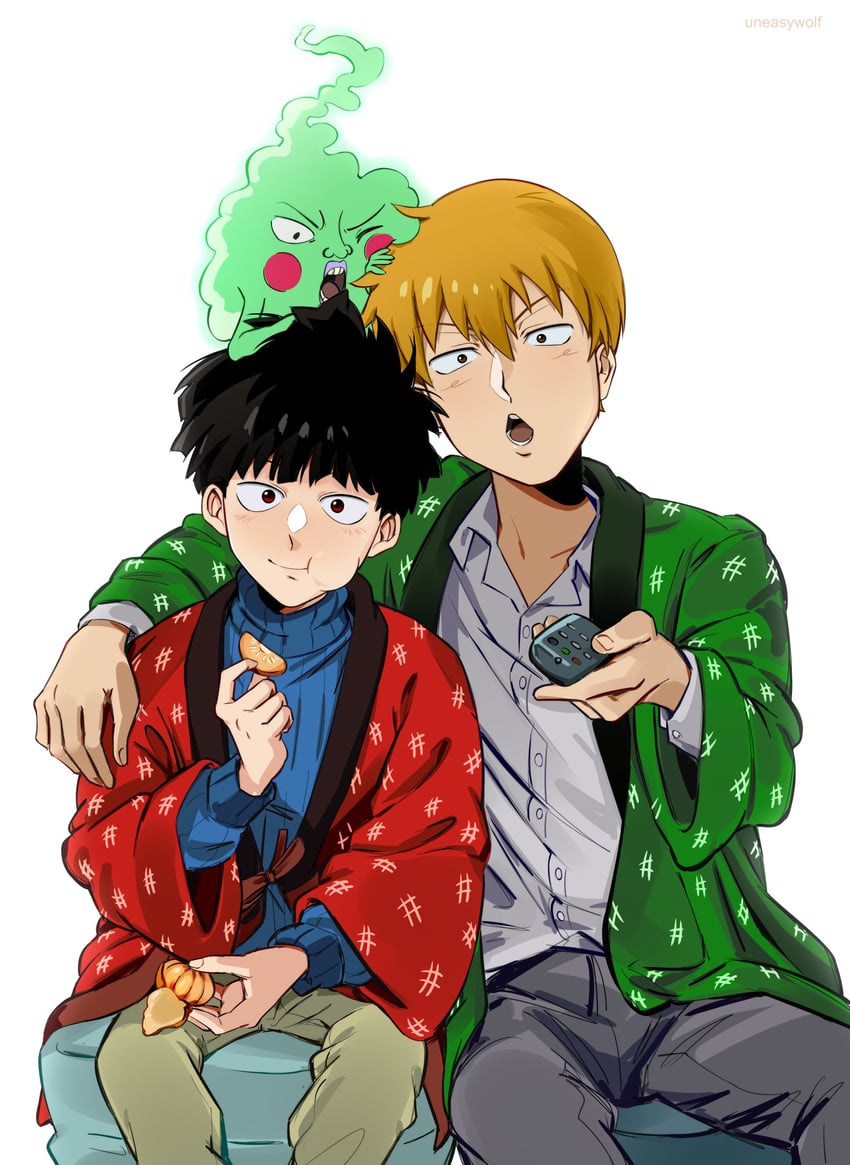 kageyama shigeo, reigen arataka, and ekubo (mob psycho 100) drawn by uneasywolf