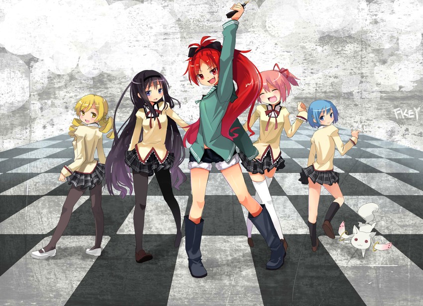 akemi homura, kaname madoka, miki sayaka, sakura kyoko, tomoe mami, and 1 more (mahou shoujo madoka magica) drawn by fkey