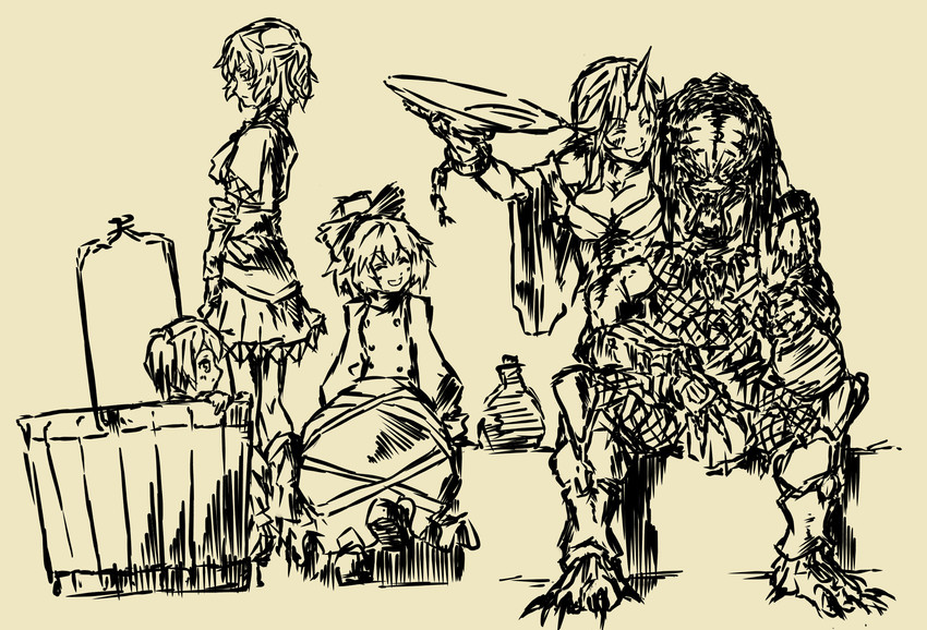 mizuhashi parsee, hoshiguma yuugi, kurodani yamame, kisume, and predator (touhou and 1 more) drawn by nameo_(judgemasterkou)