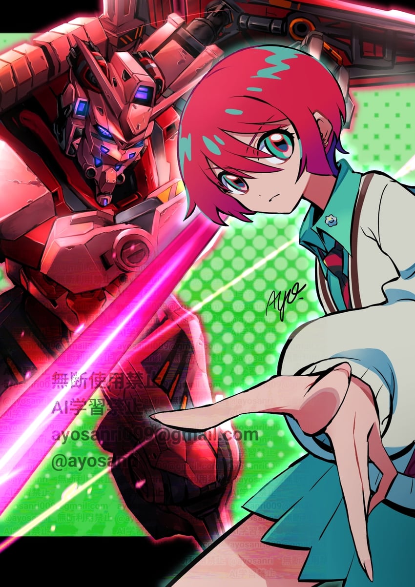 amate yuzuriha and red gundam (gundam and 1 more) drawn by ayo_(ayosanri009)