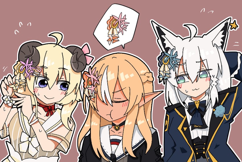 shirakami fubuki, shiranui flare, and tsunomaki watame (hololive) drawn by rokunen
