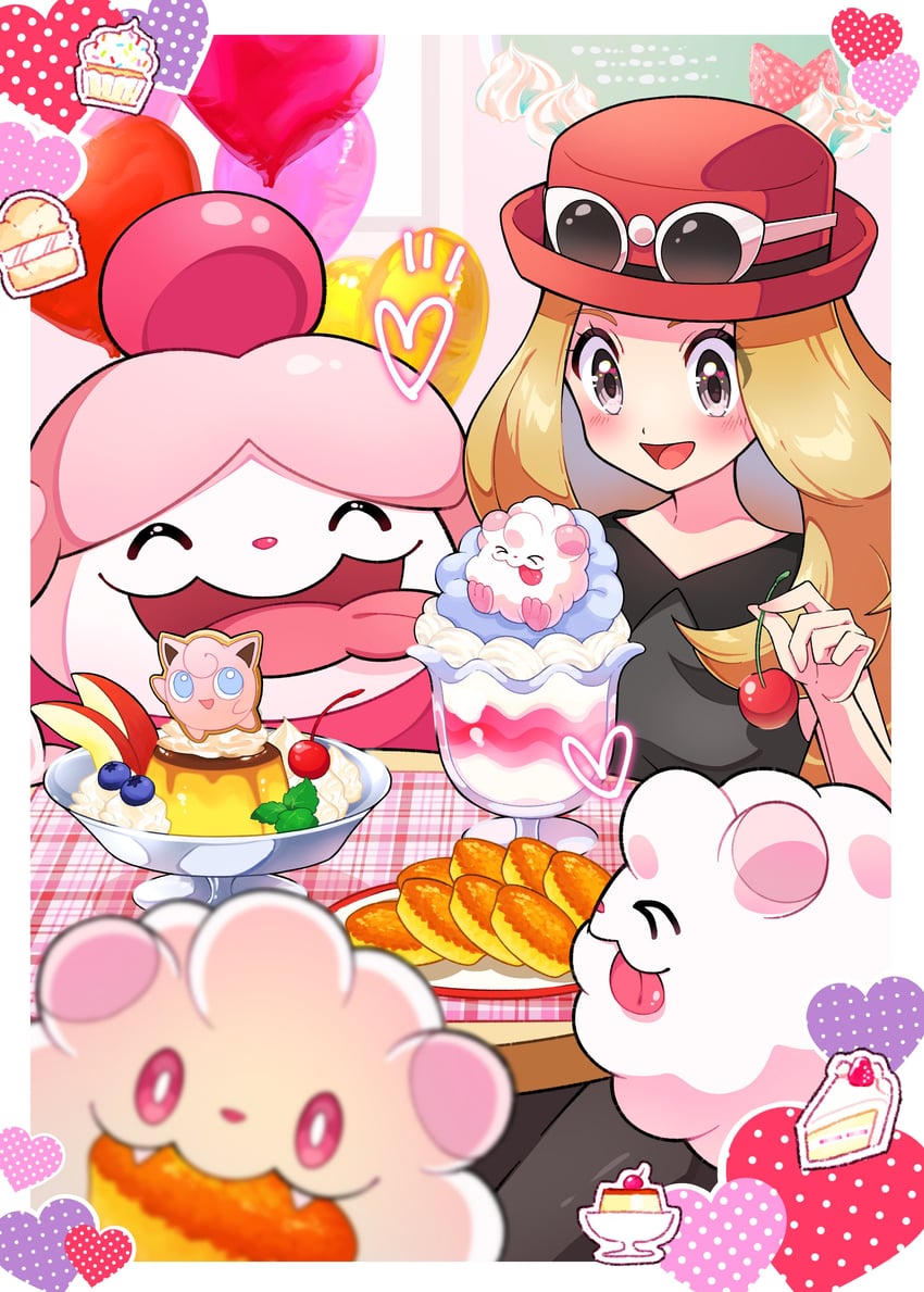serena, jigglypuff, swirlix, and slurpuff (pokemon and 1 more) drawn by pon_yui