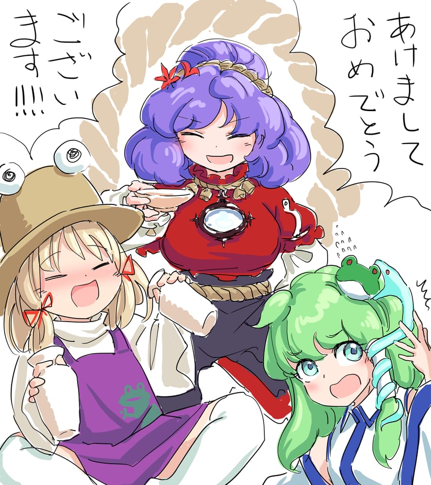 kochiya sanae, moriya suwako, and yasaka kanako (touhou) drawn by s-a-murai