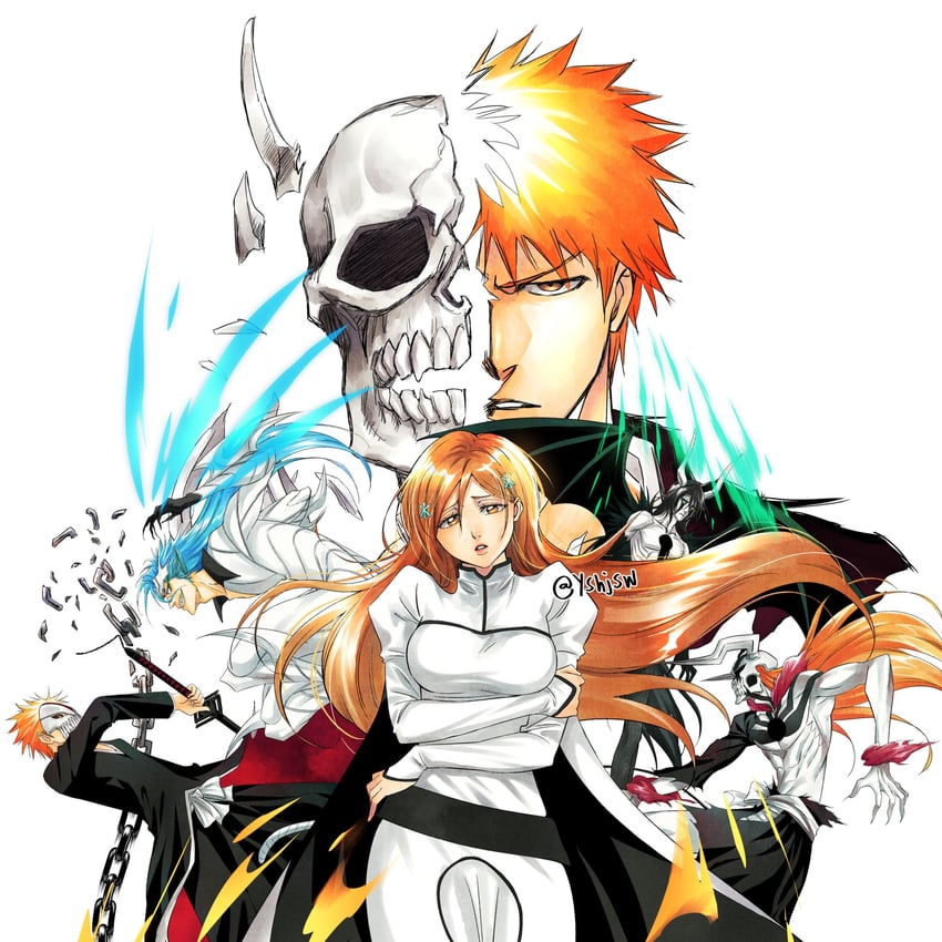 inoue orihime, kurosaki ichigo, grimmjow jaegerjaquez, ulquiorra cifer, and hollow ichigo (bleach) drawn by yshjsw
