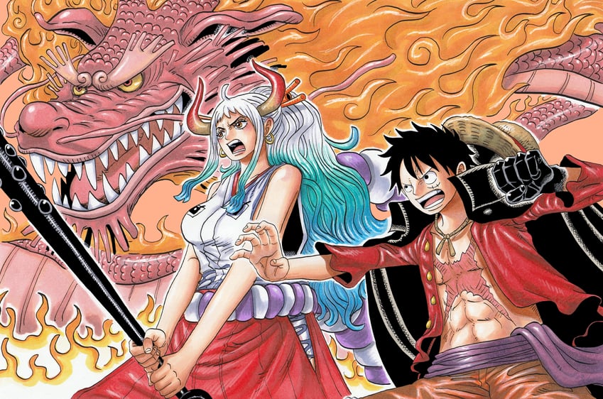 monkey d. luffy, yamato, and kouzuki momonosuke (one piece) drawn by riku_(rikuw223xx)