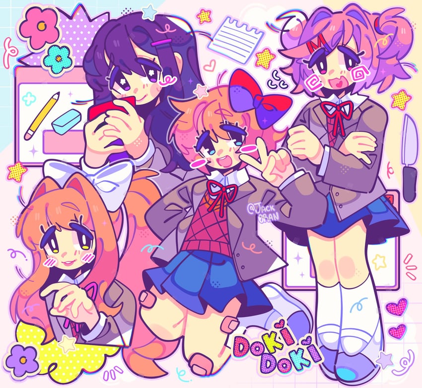 monika, natsuki, yuri, and sayori (doki doki literature club) drawn by jack0ran