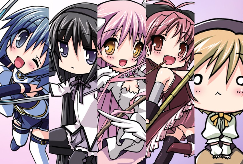 akemi homura, kaname madoka, miki sayaka, sakura kyoko, tomoe mami, and 1 more (mahou shoujo madoka magica) drawn by senomoto_hisashi