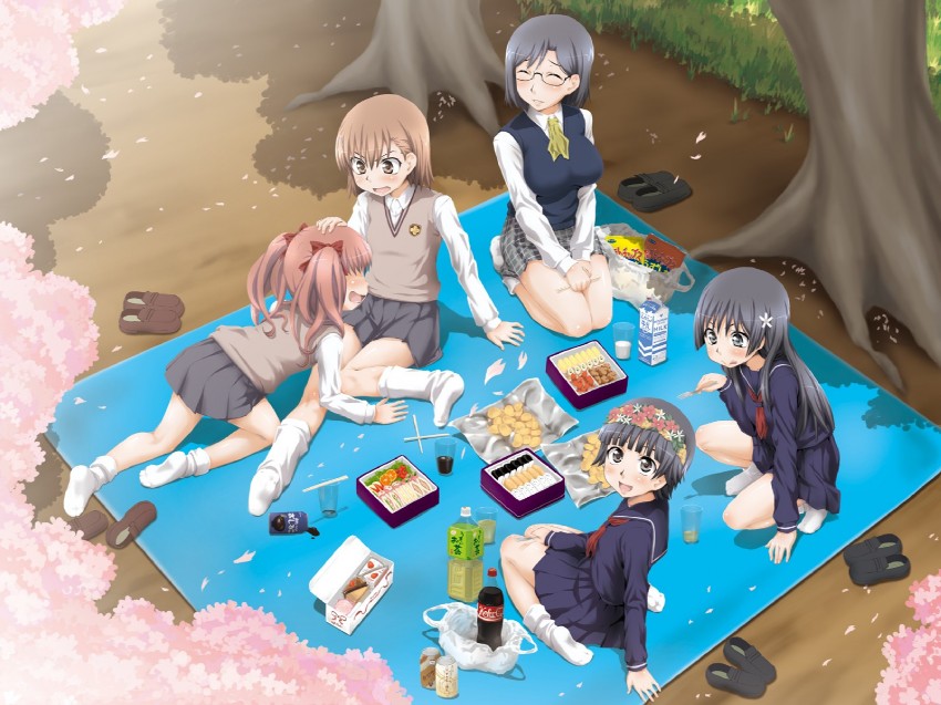 misaka mikoto, shirai kuroko, saten ruiko, uiharu kazari, and konori mii (toaru majutsu no index and 2 more) drawn by aru_ra_une