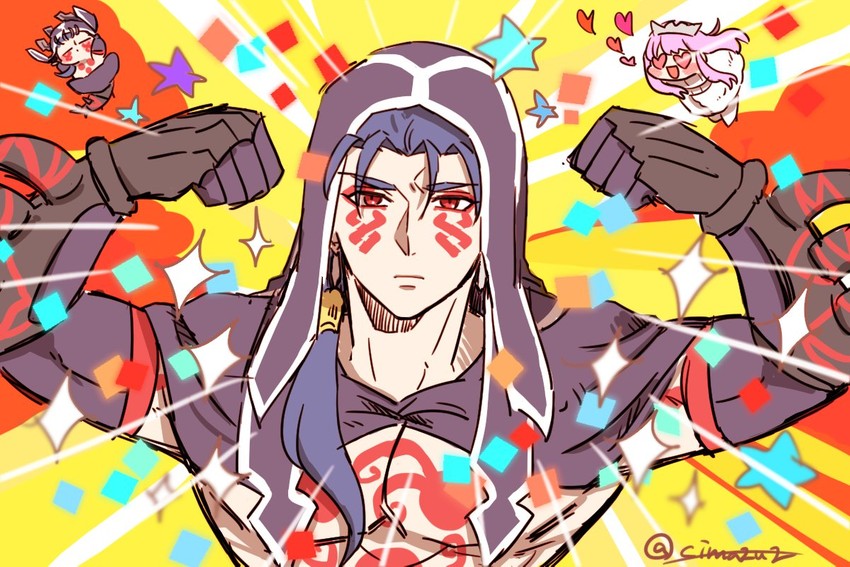 cu chulainn, medb, and cu chulainn alter (fate and 1 more) drawn by shimadu_(cimazu2)