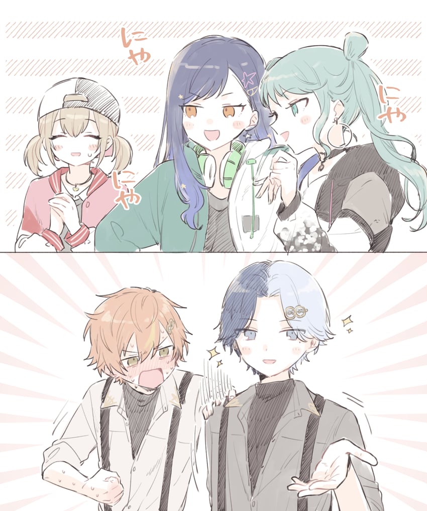 hatsune miku, shinonome akito, shiraishi an, aoyagi touya, azusawa kohane, and 1 more (vocaloid and 1 more) drawn by tanoshii_(_life_enjoyman_)