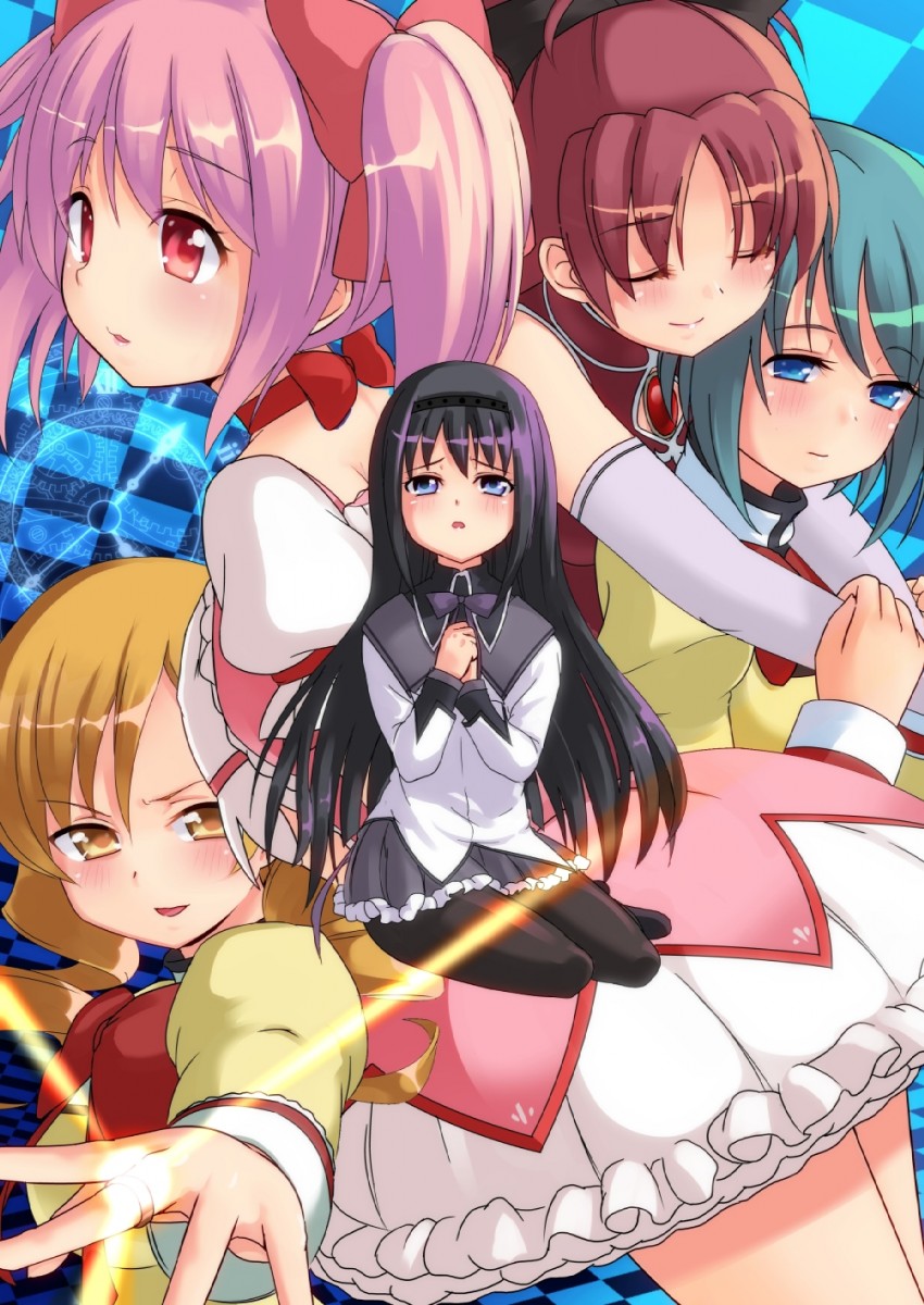 akemi homura, kaname madoka, miki sayaka, sakura kyoko, and tomoe mami (mahou shoujo madoka magica) drawn by kuri_youkan