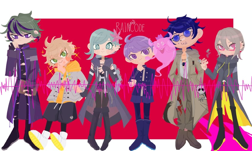 yuma kokohead, shinigami, halara nightmare, vivia twilight, desuhiko thunderbolt, and 2 more (master detective archives: rain code) drawn by zuzu_ushi