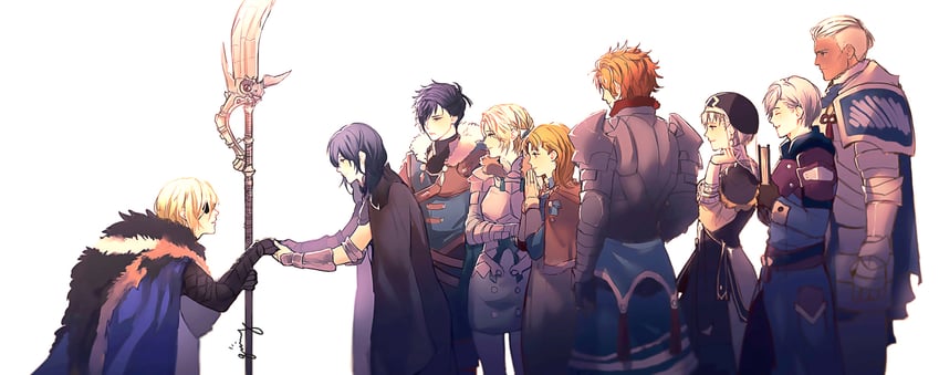 female byleth, dimitri alexandre blaiddyd, ingrid brandl galatea, sylvain jose gautier, mercedes von martritz, and 4 more (fire emblem and 1 more) drawn by qiniing