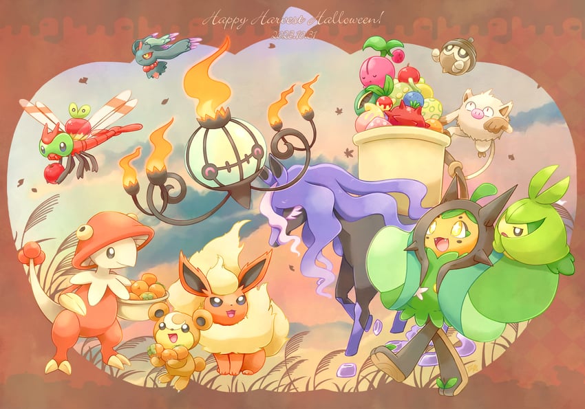 flareon, chandelure, ogerpon, applin, teddiursa, and 8 more (pokemon) drawn by samsung_(yuzuikka)