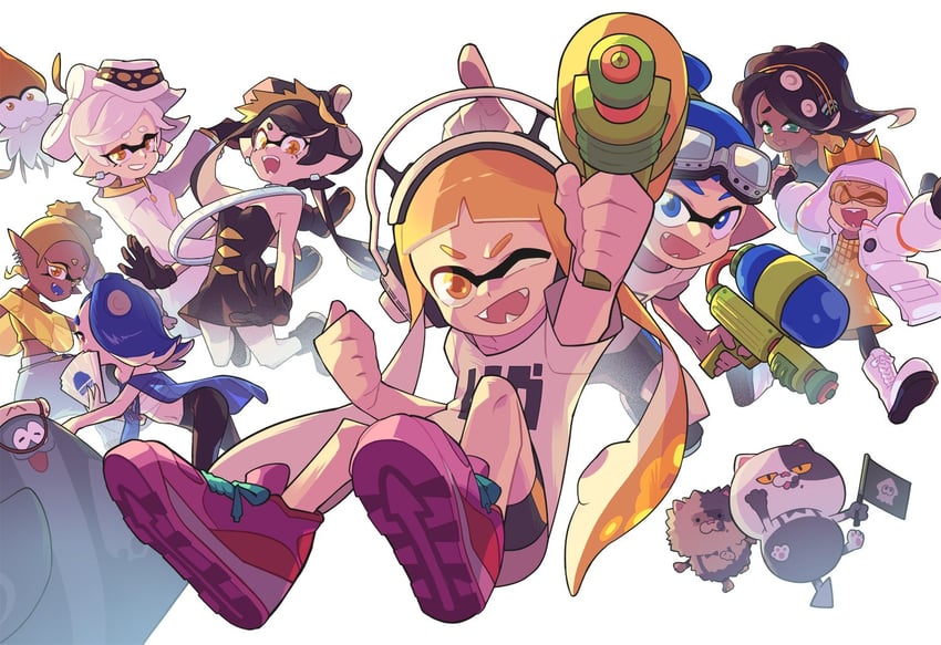 inkling player character, inkling girl, inkling boy, shiver, frye, and 10 more (splatoon and 2 more) drawn by gomipomi