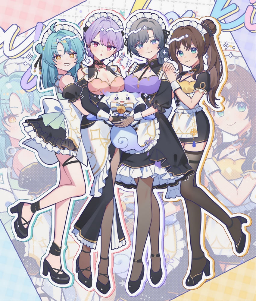 tamanoi nana, shiga riko, kozue mone, lunlun, and kisara (nijisanji) drawn by waka_(wk4444)