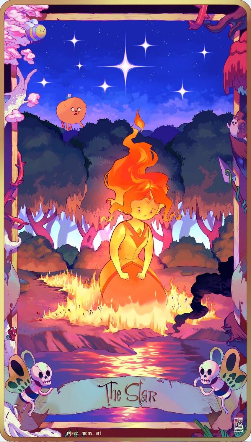 finn the human, jake the dog, flame princess, snail, and skeleton butterfly (adventure time) drawn by jezz_mons_art
