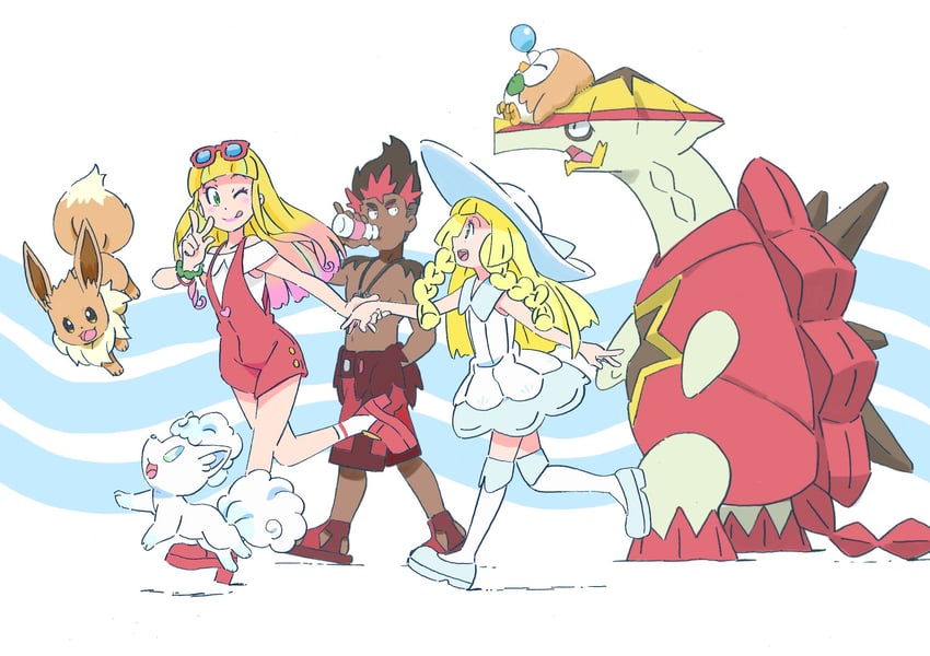 lillie, eevee, rowlet, alolan vulpix, kiawe, and 2 more (pokemon and 2 more) drawn by yasuda_shuuhei