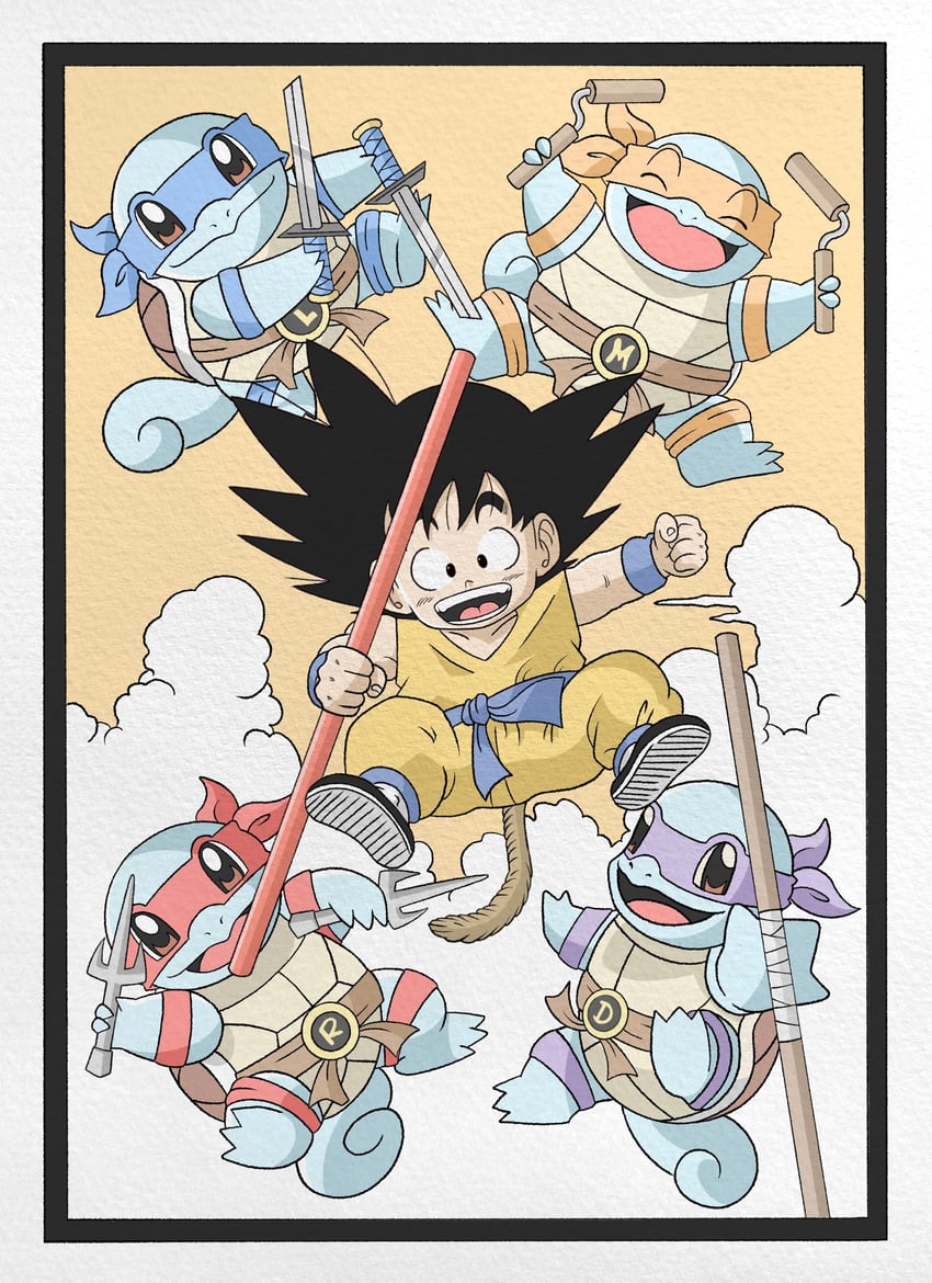 son goku, squirtle, leonardo, raphael, donatello, and 1 more (pokemon and 2 more) drawn by wesatinthecar