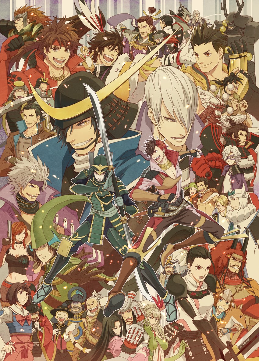 date masamune, sanada yukimura, chousokabe motochika, mouri motonari, ishida mitsunari, and 37 more (sengoku basara) drawn by masato_(oal)