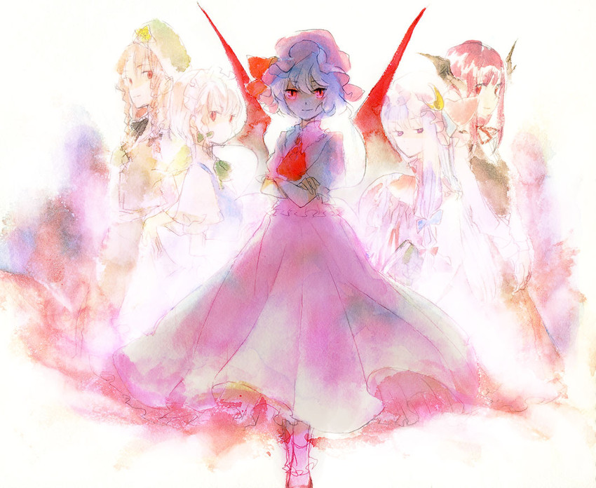 remilia scarlet, izayoi sakuya, patchouli knowledge, hong meiling, and koakuma (touhou) drawn by sugi
