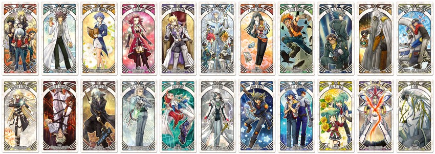 fudo yusei, izayoi aki, jack atlas, bruno, luca, and 18 more (yu-gi-oh! and 1 more) drawn by muroto_misakichi