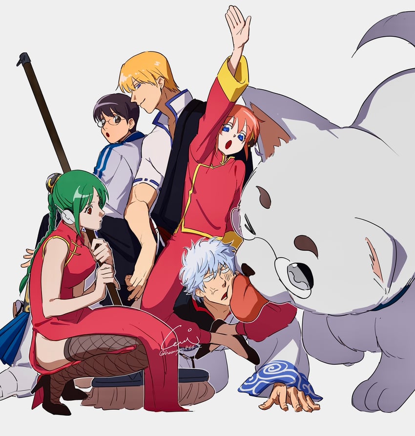 sakata gintoki, kagura, shimura shinpachi, sadaharu, tama, and 1 more (gintama) drawn by hamuyo864