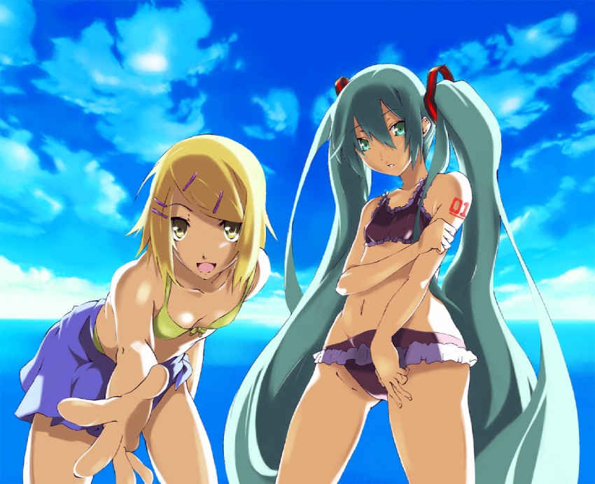 hatsune miku and kagamine rin (vocaloid) drawn by nanda_rone
