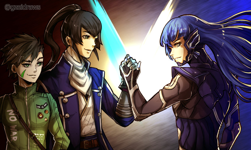 protagonist, flynn, and nanashi (shin megami tensei and 3 more) drawn by gzei