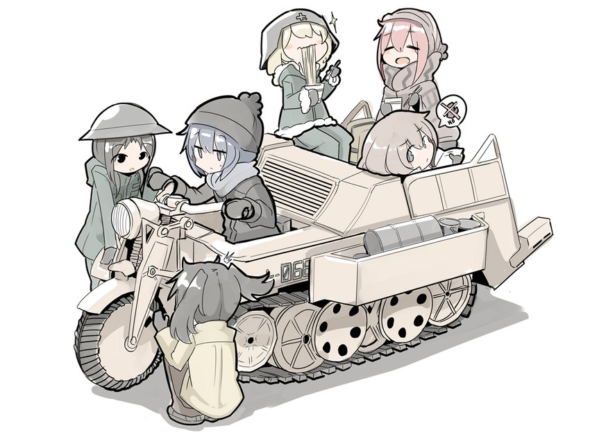 shima rin, kagamihara nadeshiko, chito, yuuri, yukimura aoi, and 1 more (yurucamp and 2 more) drawn by genek