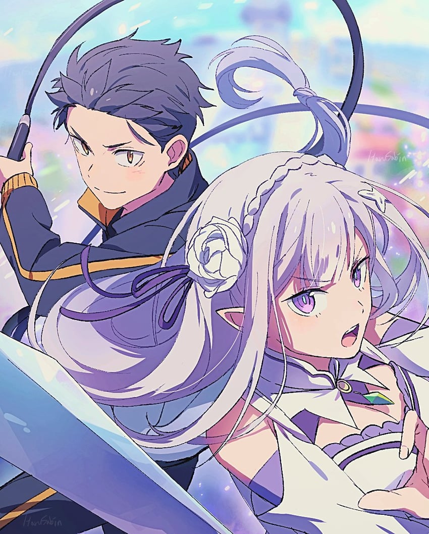 emilia and natsuki subaru (re:zero kara hajimeru isekai seikatsu) drawn by harusabin