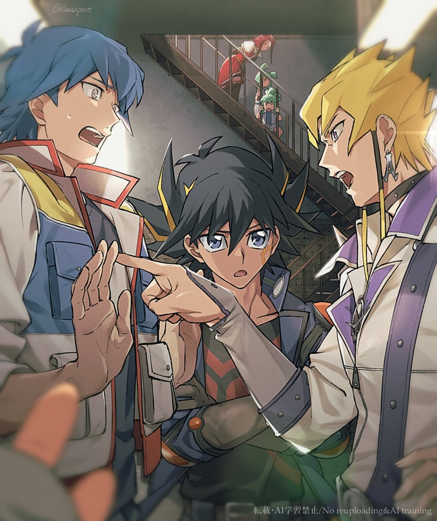 fudo yusei, izayoi aki, jack atlas, bruno, luca, and 2 more (yu-gi-oh! and 1 more) drawn by lunapont