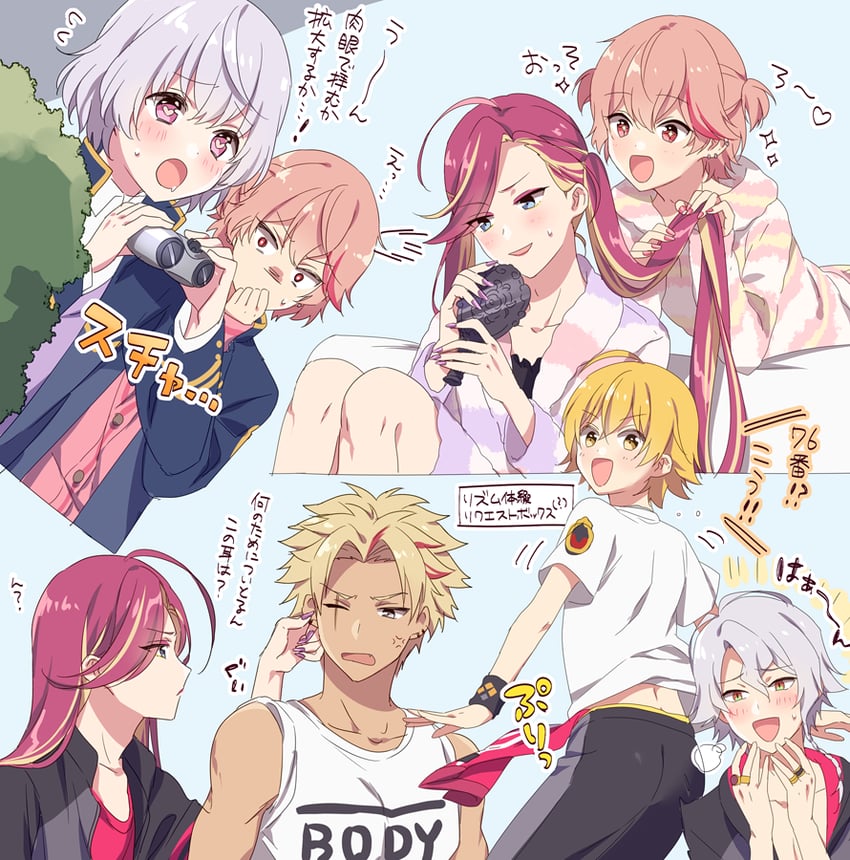 hinata mahiru, asahi sora, janome shiki, wakakusa yukari, kurenai ageha, and 1 more (dankira!!!) drawn by riku_(melty_drop)