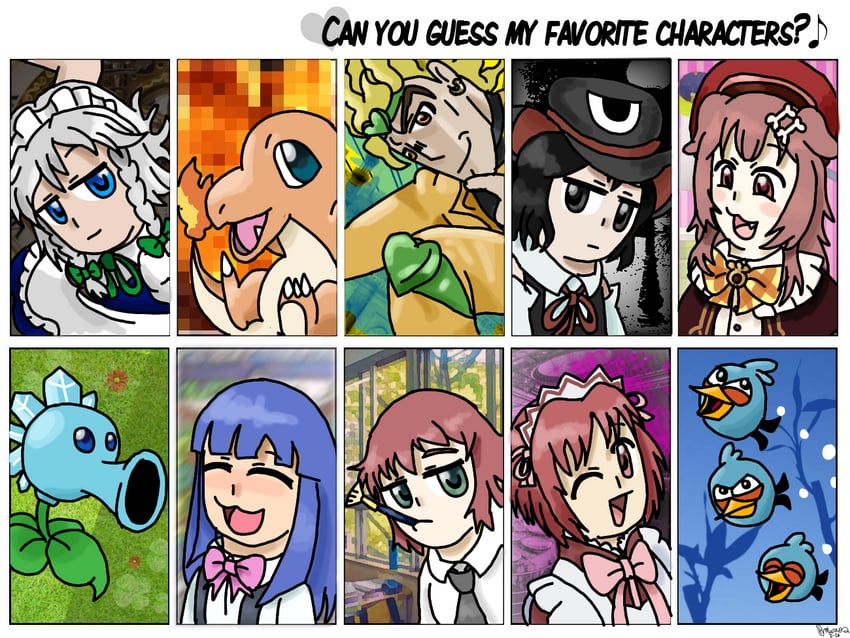 izayoi sakuya, inugami korone, dio brando, furude rika, charmander, and 5 more (touhou and 10 more) drawn by supermarco64