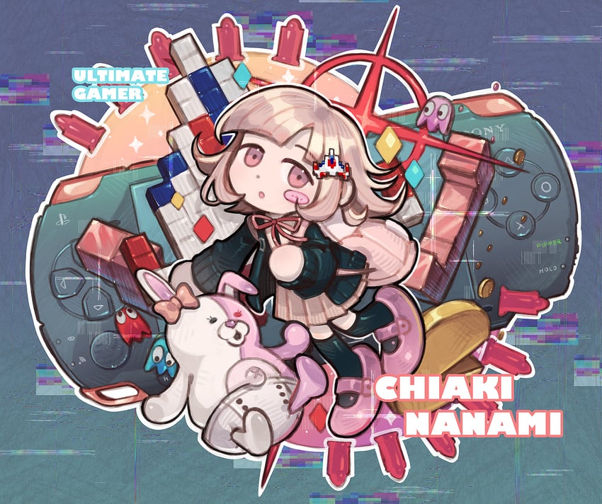 nanami chiaki, pac-man, blinky, inky, and pinky (danganronpa and 3 more) drawn by 9twoeight