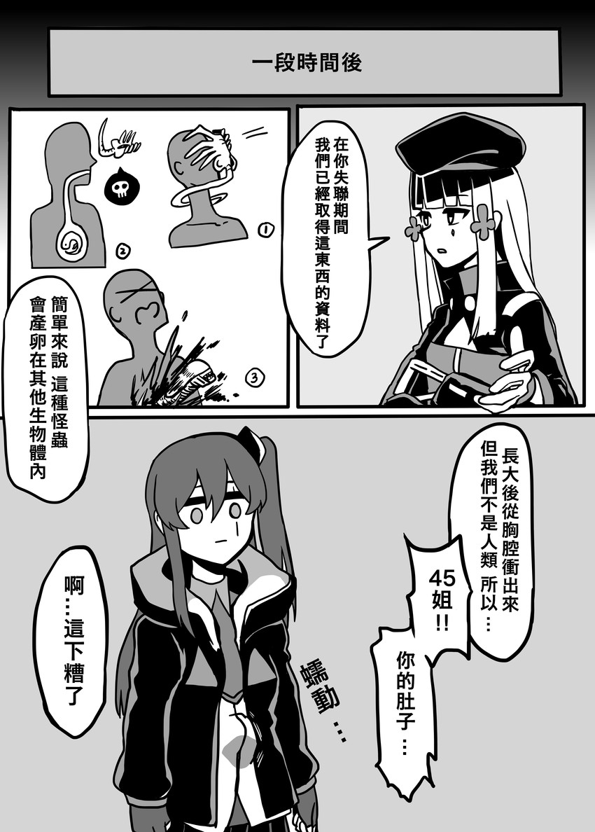 hk416, ump45, facehugger, and chestburster (girls' frontline and 1 more) drawn by ga320aaa
