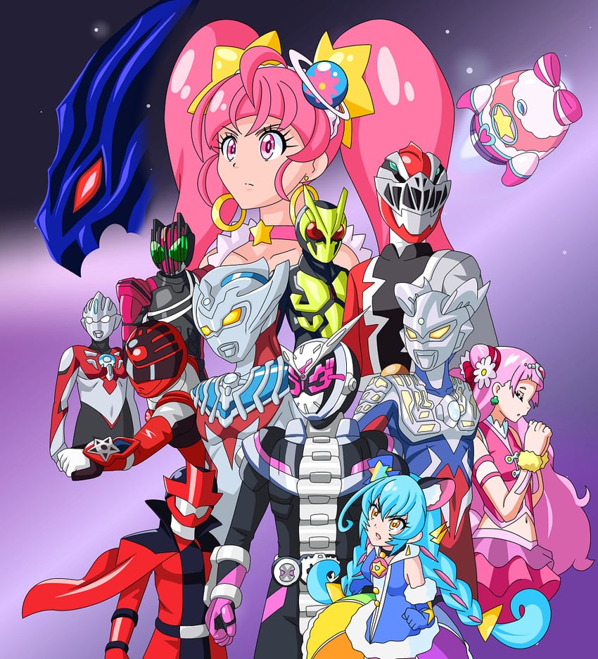 hoshina hikaru, nono hana, yuni, cure yell, kamen rider decade, and 11 more (precure and 17 more) drawn by buti-yu