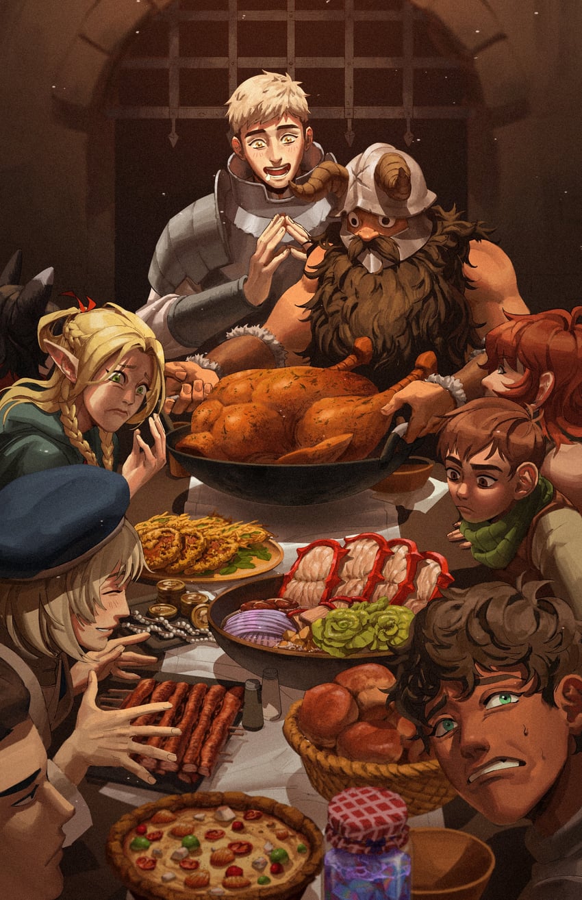 marcille donato, falin touden, laios touden, senshi, kabru, and 4 more (dungeon meshi and 1 more) drawn by haddockkkk
