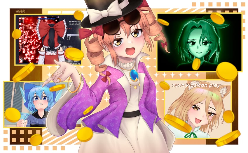 hakurei reimu, cirno, yorigami jo'on, kudamaki tsukasa, komakusa sannyo, and 1 more (touhou and 4 more) drawn by grummsed