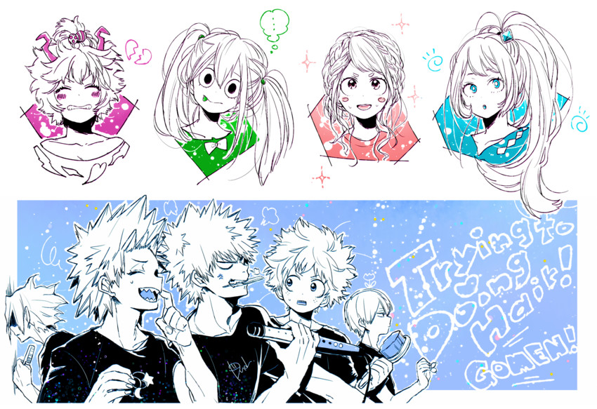 midoriya izuku, bakugou katsuki, uraraka ochaco, asui tsuyu, ashido mina, and 3 more (boku no hero academia) drawn by dandel