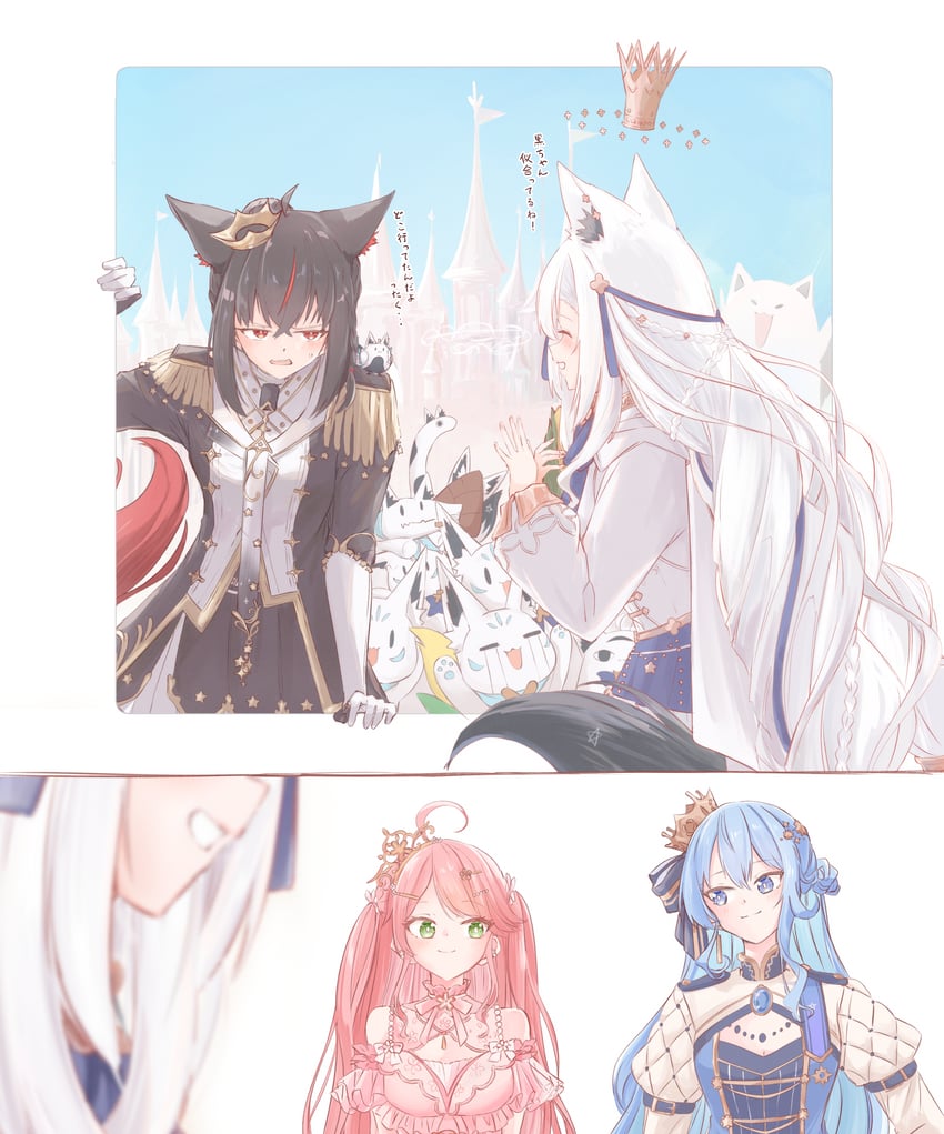 shirakami fubuki, hoshimachi suisei, sakura miko, kurokami fubuki, sukonbu, and 1 more (hololive) drawn by chamomile_(kazumasa)