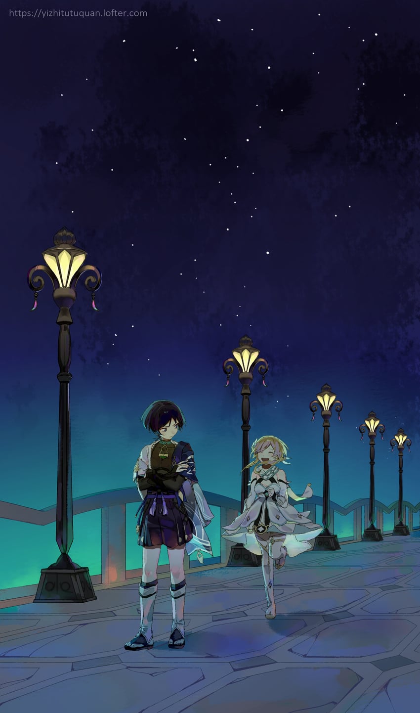 lumine, scaramouche, and wanderer (genshin impact) drawn by huamouflora