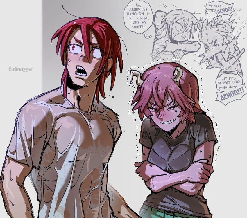 ashido mina and kirishima eijiro (boku no hero academia) drawn by eidinazavr