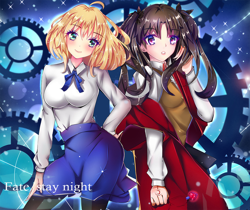 artoria pendragon, saber, and tohsaka rin (fate and 1 more) drawn by l-nan