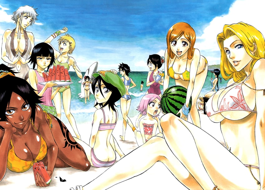 kuchiki rukia, shihouin yoruichi, inoue orihime, matsumoto rangiku, sui-feng, and 10 more (bleach) drawn by kubo_tite